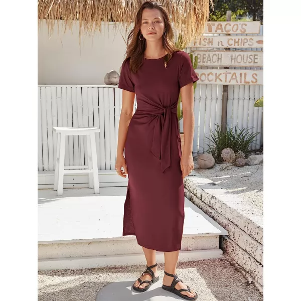 imageANRABESS Womens Summer Short Sleeve Crewneck T Shirt Maxi Dress Tie Waist Casual Slim Fit Slit Beach DressesRed