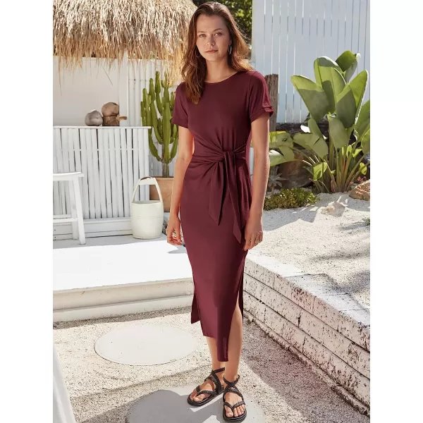 imageANRABESS Womens Summer Short Sleeve Crewneck T Shirt Maxi Dress Tie Waist Casual Slim Fit Slit Beach DressesRed
