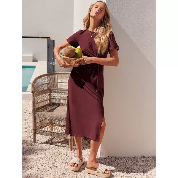 imageANRABESS Womens Summer Short Sleeve Crewneck T Shirt Maxi Dress Tie Waist Casual Slim Fit Slit Beach DressesRed