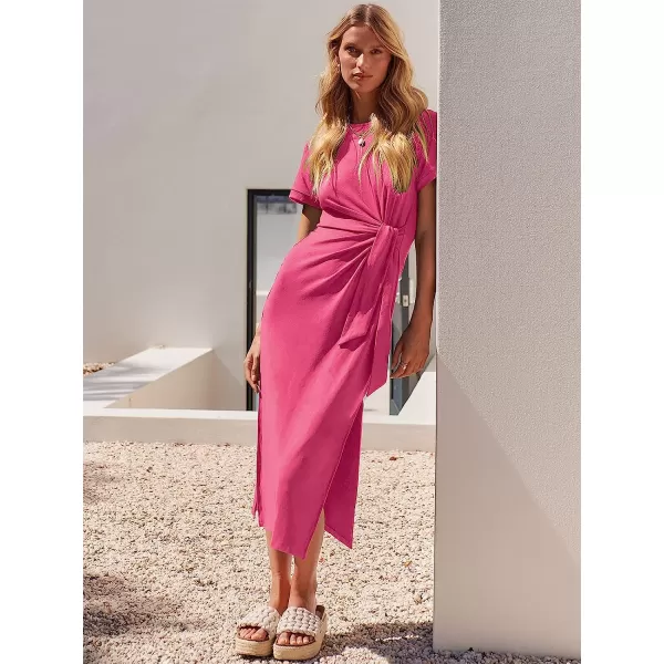 imageANRABESS Womens Summer Short Sleeve Crewneck T Shirt Maxi Dress Tie Waist Casual Slim Fit Slit Beach DressesRose