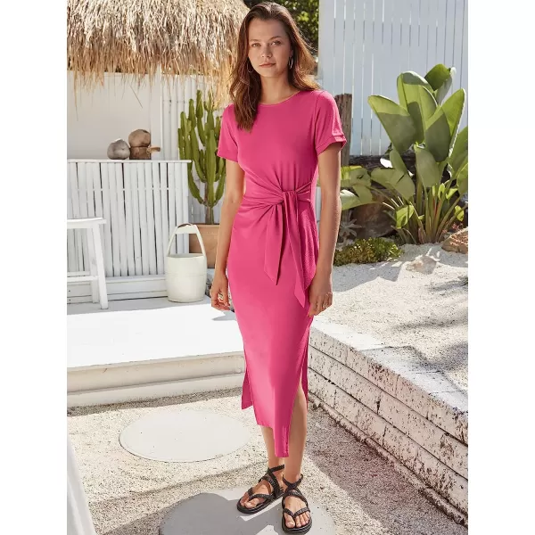 imageANRABESS Womens Summer Short Sleeve Crewneck T Shirt Maxi Dress Tie Waist Casual Slim Fit Slit Beach DressesRose