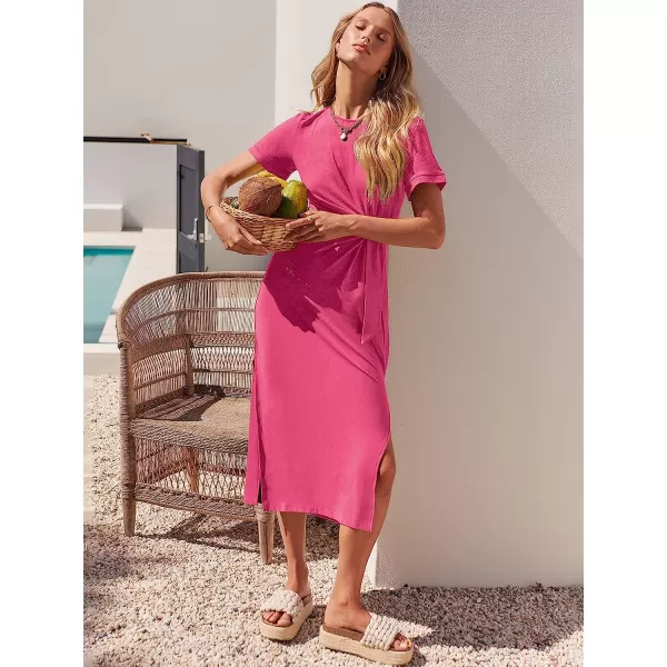 imageANRABESS Womens Summer Short Sleeve Crewneck T Shirt Maxi Dress Tie Waist Casual Slim Fit Slit Beach DressesRose