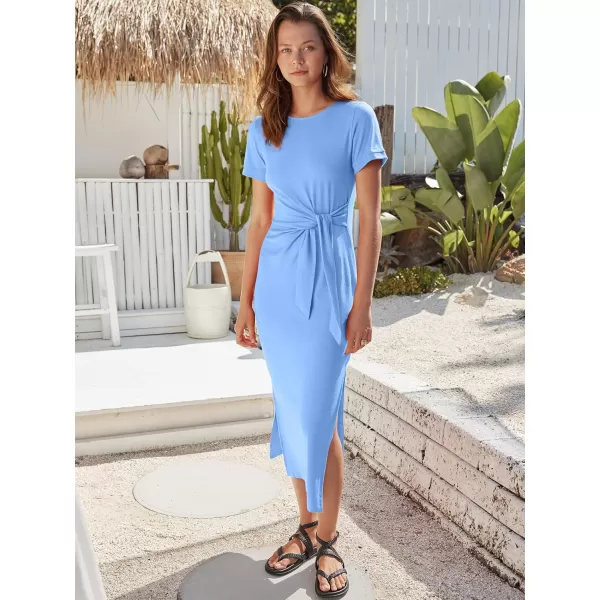 imageANRABESS Womens Summer Short Sleeve Crewneck T Shirt Maxi Dress Tie Waist Casual Slim Fit Slit Beach DressesSky Blue