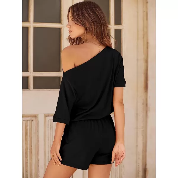 imageANRABESS Womens Summer Short Sleeve Striped Jumpsuit Rompers with Pockets Short Pant Rompers Pajamas Loungewear05 Black