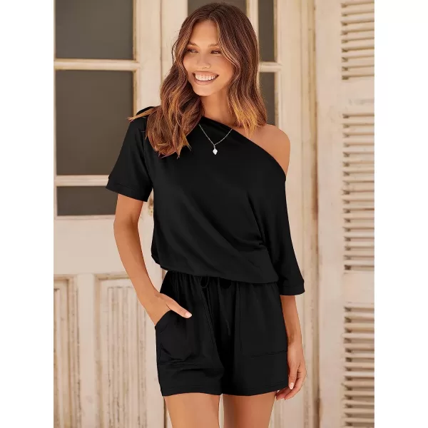 imageANRABESS Womens Summer Short Sleeve Striped Jumpsuit Rompers with Pockets Short Pant Rompers Pajamas Loungewear05 Black
