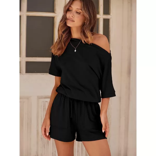 imageANRABESS Womens Summer Short Sleeve Striped Jumpsuit Rompers with Pockets Short Pant Rompers Pajamas Loungewear05 Black