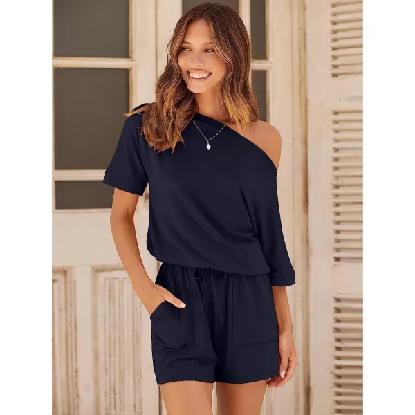 imageANRABESS Womens Summer Short Sleeve Striped Jumpsuit Rompers with Pockets Short Pant Rompers Pajamas Loungewear05 Navy Blue
