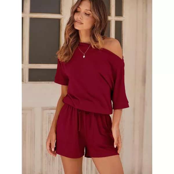 imageANRABESS Womens Summer Short Sleeve Striped Jumpsuit Rompers with Pockets Short Pant Rompers Pajamas Loungewear05 Wine Red