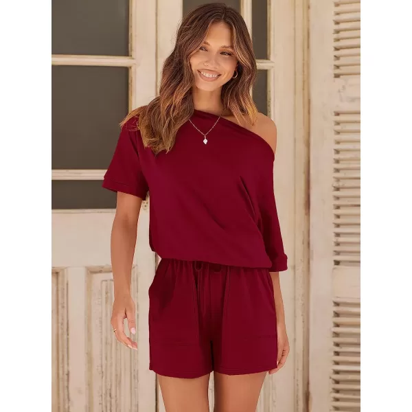 imageANRABESS Womens Summer Short Sleeve Striped Jumpsuit Rompers with Pockets Short Pant Rompers Pajamas Loungewear05 Wine Red