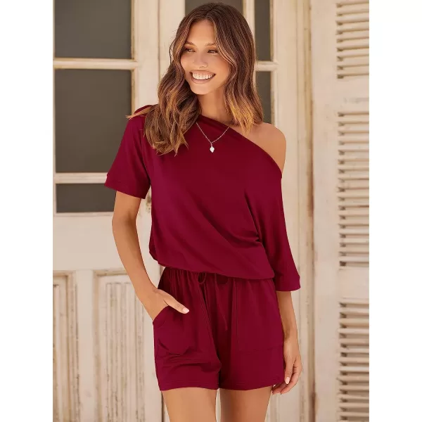 imageANRABESS Womens Summer Short Sleeve Striped Jumpsuit Rompers with Pockets Short Pant Rompers Pajamas Loungewear05 Wine Red