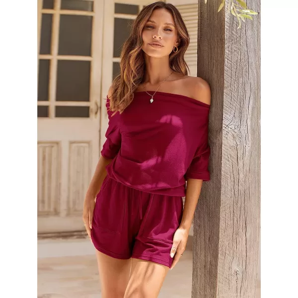 imageANRABESS Womens Summer Short Sleeve Striped Jumpsuit Rompers with Pockets Short Pant Rompers Pajamas Loungewear05 Wine Red