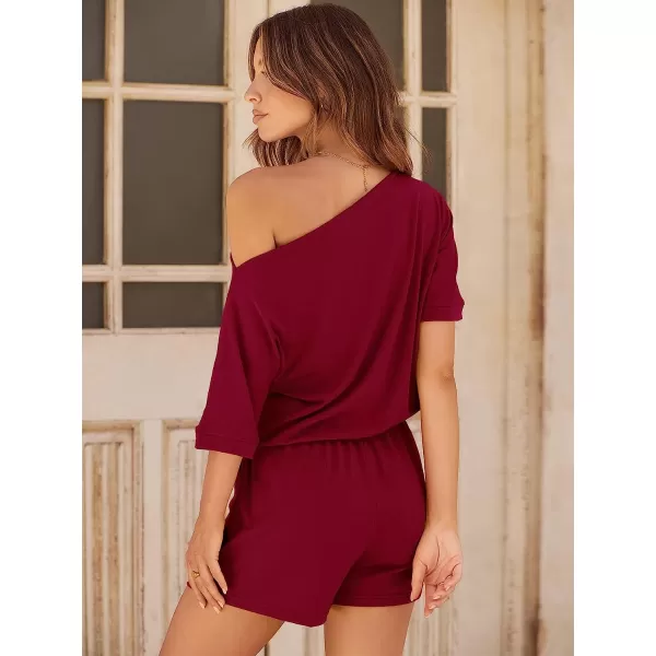 imageANRABESS Womens Summer Short Sleeve Striped Jumpsuit Rompers with Pockets Short Pant Rompers Pajamas Loungewear05 Wine Red