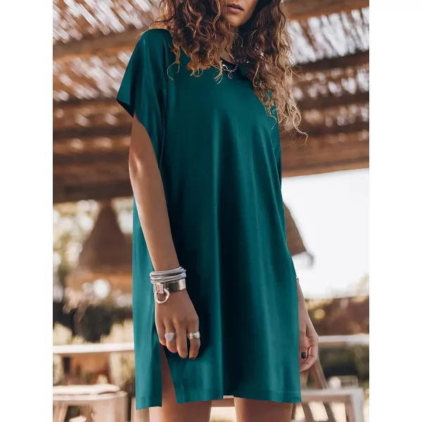 imageANRABESS Womens Summer Short Sleeve TShirt Dress Casual Loose Slit Beach Mini Dress Tunic TopDeep Green