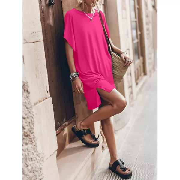 imageANRABESS Womens Summer Short Sleeve TShirt Dress Casual Loose Slit Beach Mini Dress Tunic TopHot Pink