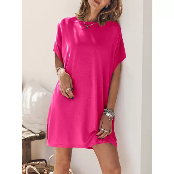imageANRABESS Womens Summer Short Sleeve TShirt Dress Casual Loose Slit Beach Mini Dress Tunic TopHot Pink