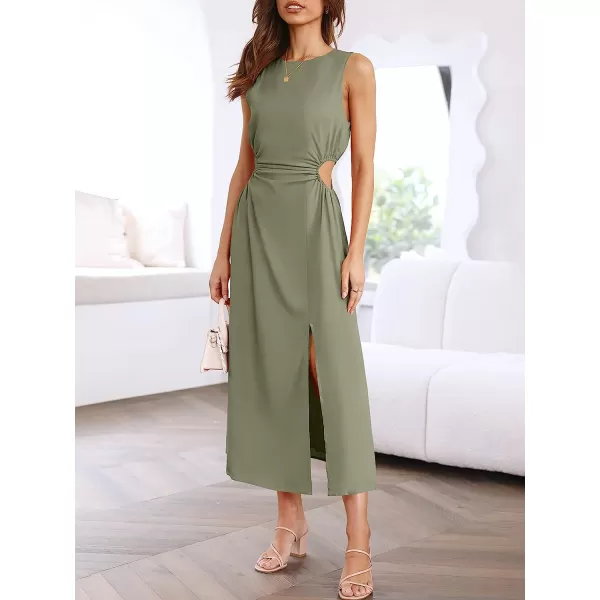 imageANRABESS Womens Summer Sleeveless Cutout Maxi Dress Bodycon Slit Beach Wedding Guest DressesOlive