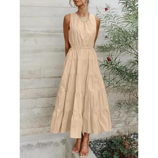 imageANRABESS Womens Summer Sleeveless Cutout Maxi Dress Crewneck Tiered Flowy ALine Sundress with PocketsAlmond