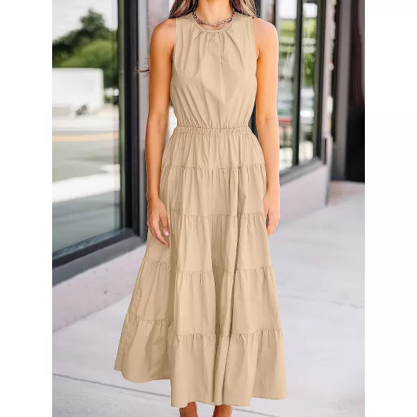 imageANRABESS Womens Summer Sleeveless Cutout Maxi Dress Crewneck Tiered Flowy ALine Sundress with PocketsAlmond