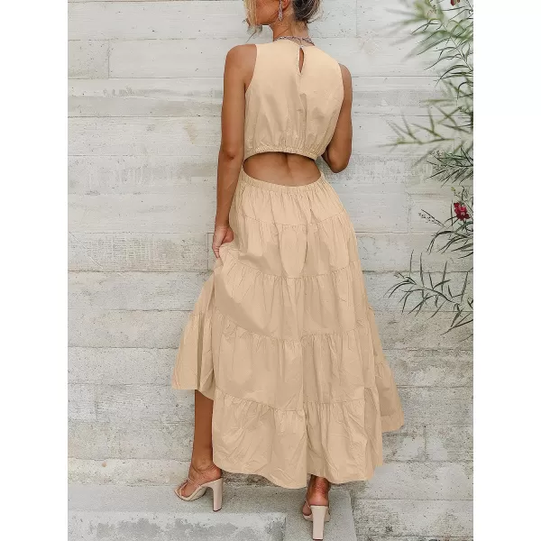 imageANRABESS Womens Summer Sleeveless Cutout Maxi Dress Crewneck Tiered Flowy ALine Sundress with PocketsAlmond