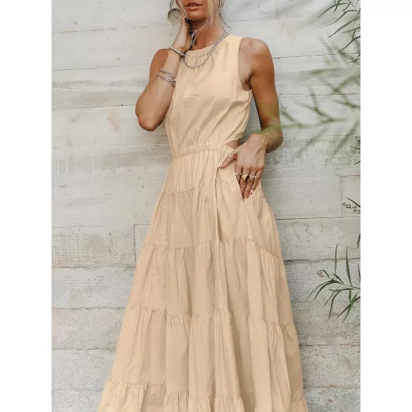 imageANRABESS Womens Summer Sleeveless Cutout Maxi Dress Crewneck Tiered Flowy ALine Sundress with PocketsAlmond