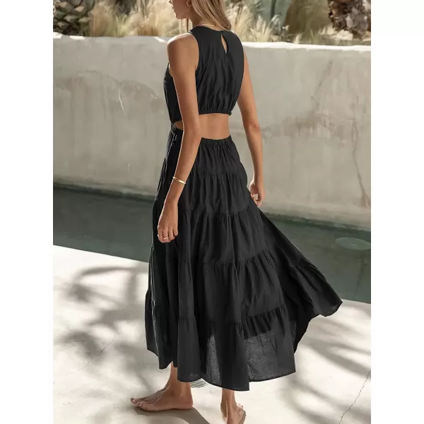 imageANRABESS Womens Summer Sleeveless Cutout Maxi Dress Crewneck Tiered Flowy ALine Sundress with PocketsBlack