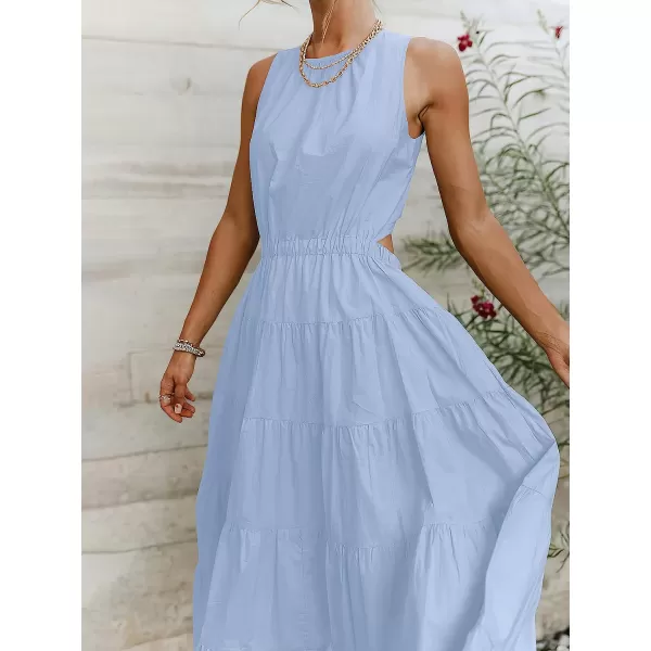 imageANRABESS Womens Summer Sleeveless Cutout Maxi Dress Crewneck Tiered Flowy ALine Sundress with PocketsBlue