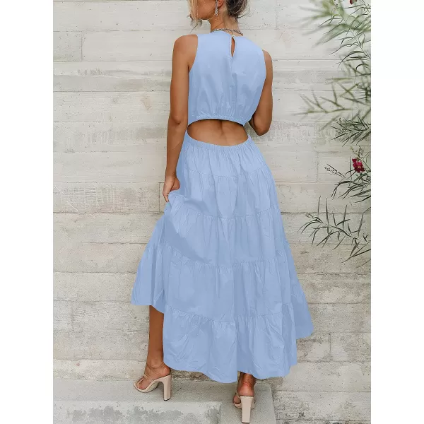imageANRABESS Womens Summer Sleeveless Cutout Maxi Dress Crewneck Tiered Flowy ALine Sundress with PocketsBlue