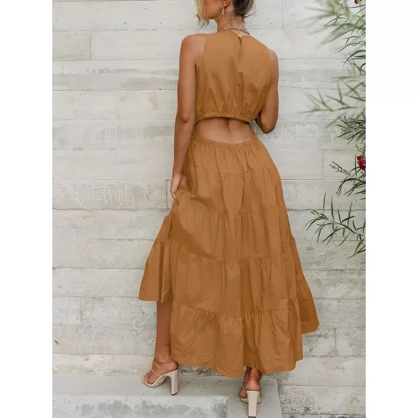 imageANRABESS Womens Summer Sleeveless Cutout Maxi Dress Crewneck Tiered Flowy ALine Sundress with PocketsBrown