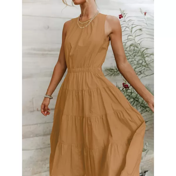 imageANRABESS Womens Summer Sleeveless Cutout Maxi Dress Crewneck Tiered Flowy ALine Sundress with PocketsBrown