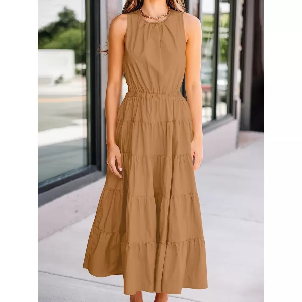 imageANRABESS Womens Summer Sleeveless Cutout Maxi Dress Crewneck Tiered Flowy ALine Sundress with PocketsBrown