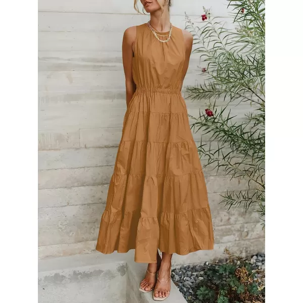 imageANRABESS Womens Summer Sleeveless Cutout Maxi Dress Crewneck Tiered Flowy ALine Sundress with PocketsBrown