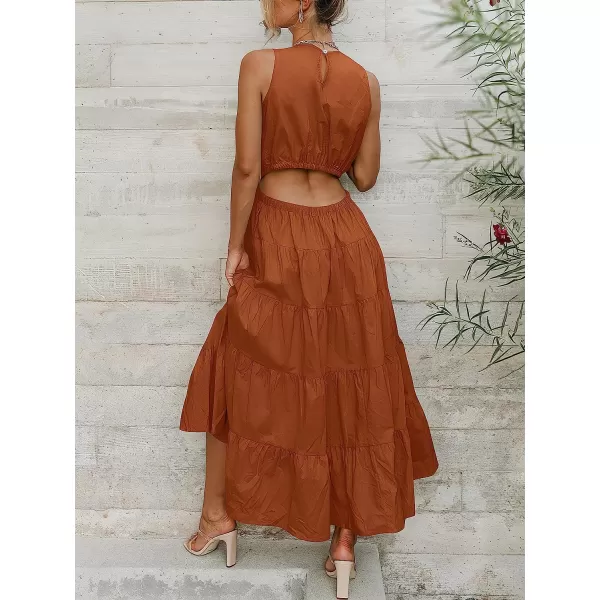 imageANRABESS Womens Summer Sleeveless Cutout Maxi Dress Crewneck Tiered Flowy ALine Sundress with PocketsCaramel