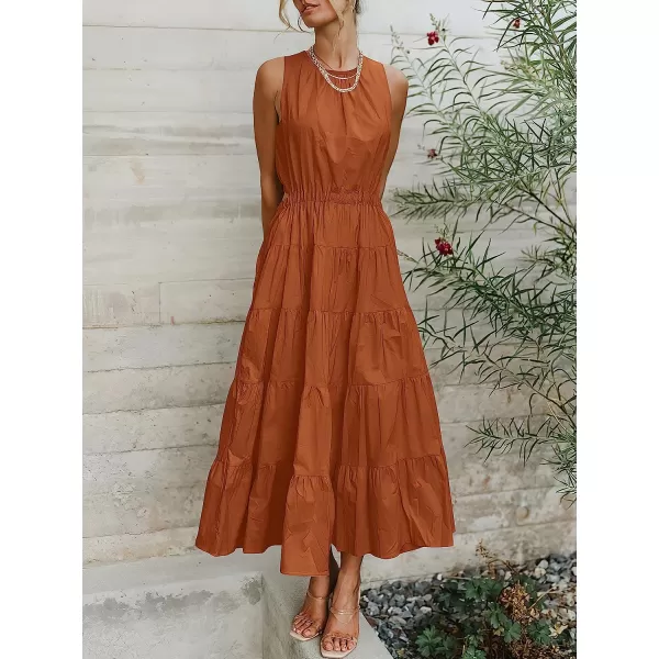 imageANRABESS Womens Summer Sleeveless Cutout Maxi Dress Crewneck Tiered Flowy ALine Sundress with PocketsCaramel