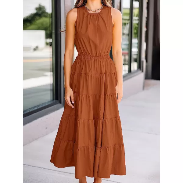 imageANRABESS Womens Summer Sleeveless Cutout Maxi Dress Crewneck Tiered Flowy ALine Sundress with PocketsCaramel
