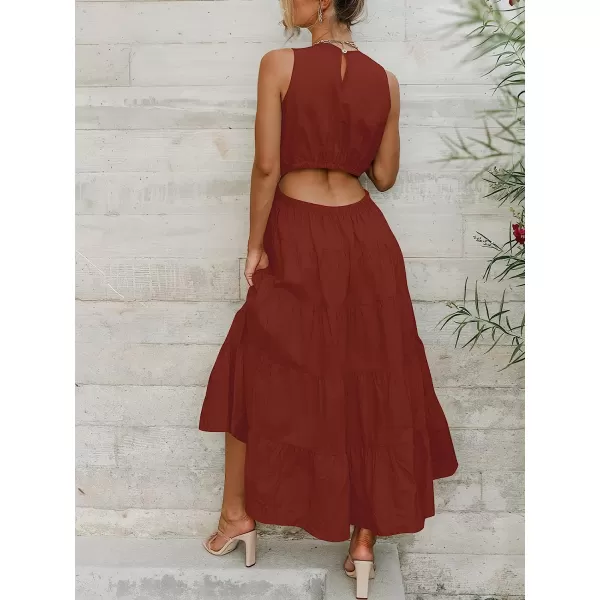 imageANRABESS Womens Summer Sleeveless Cutout Maxi Dress Crewneck Tiered Flowy ALine Sundress with PocketsDeep Red