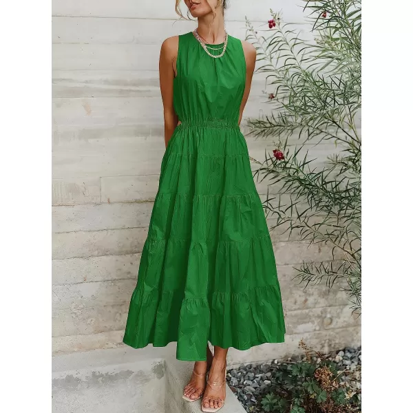 imageANRABESS Womens Summer Sleeveless Cutout Maxi Dress Crewneck Tiered Flowy ALine Sundress with PocketsForest