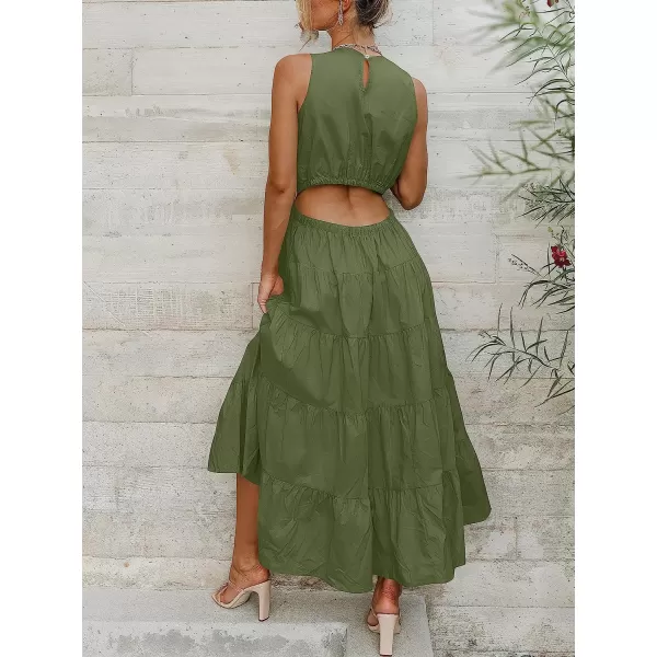 imageANRABESS Womens Summer Sleeveless Cutout Maxi Dress Crewneck Tiered Flowy ALine Sundress with PocketsGreen