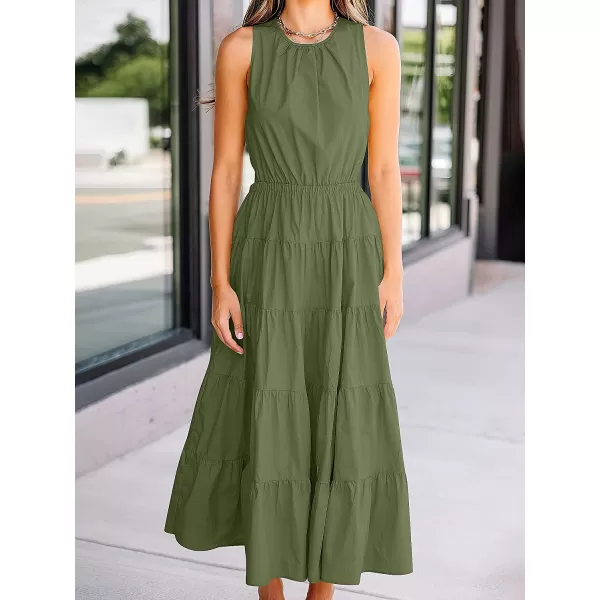 imageANRABESS Womens Summer Sleeveless Cutout Maxi Dress Crewneck Tiered Flowy ALine Sundress with PocketsGreen