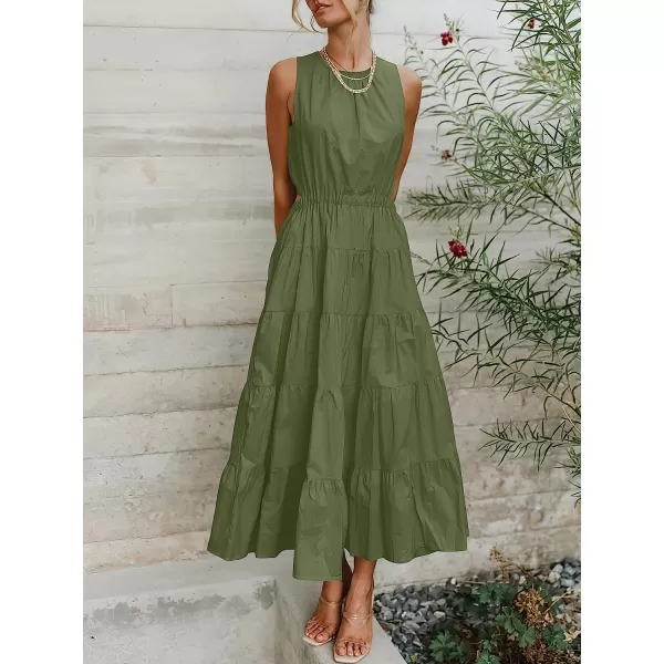 imageANRABESS Womens Summer Sleeveless Cutout Maxi Dress Crewneck Tiered Flowy ALine Sundress with PocketsGreen
