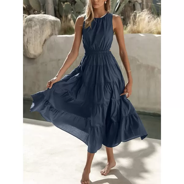imageANRABESS Womens Summer Sleeveless Cutout Maxi Dress Crewneck Tiered Flowy ALine Sundress with PocketsNavy Blue