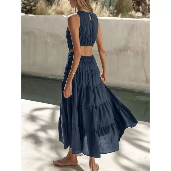 imageANRABESS Womens Summer Sleeveless Cutout Maxi Dress Crewneck Tiered Flowy ALine Sundress with PocketsNavy Blue
