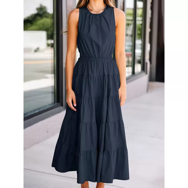 imageANRABESS Womens Summer Sleeveless Cutout Maxi Dress Crewneck Tiered Flowy ALine Sundress with PocketsNavy Blue