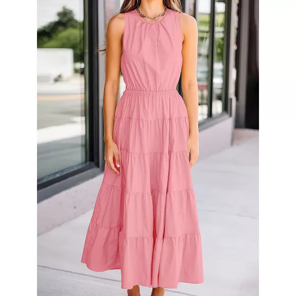 imageANRABESS Womens Summer Sleeveless Cutout Maxi Dress Crewneck Tiered Flowy ALine Sundress with PocketsPink