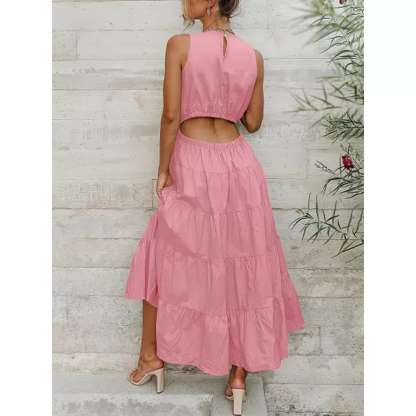 imageANRABESS Womens Summer Sleeveless Cutout Maxi Dress Crewneck Tiered Flowy ALine Sundress with PocketsPink
