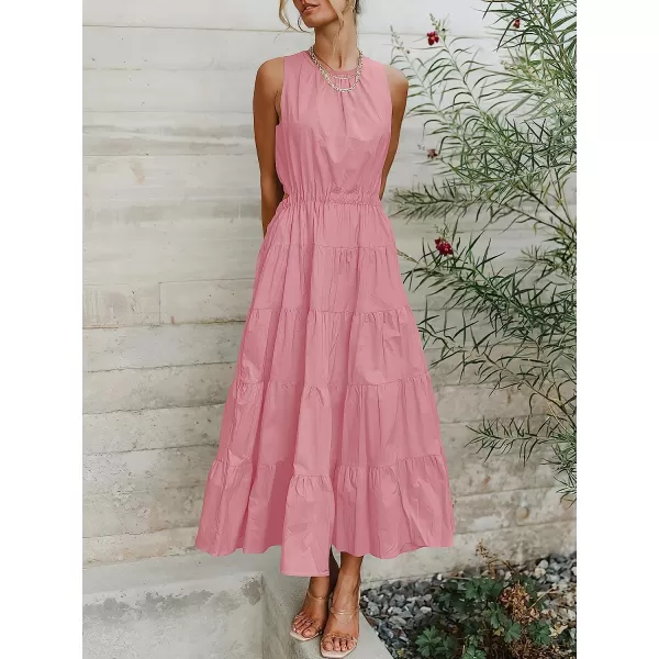 imageANRABESS Womens Summer Sleeveless Cutout Maxi Dress Crewneck Tiered Flowy ALine Sundress with PocketsPink
