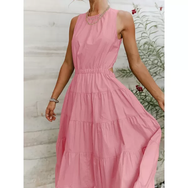 imageANRABESS Womens Summer Sleeveless Cutout Maxi Dress Crewneck Tiered Flowy ALine Sundress with PocketsPink