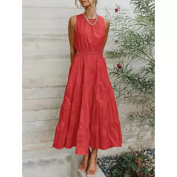 imageANRABESS Womens Summer Sleeveless Cutout Maxi Dress Crewneck Tiered Flowy ALine Sundress with PocketsRed
