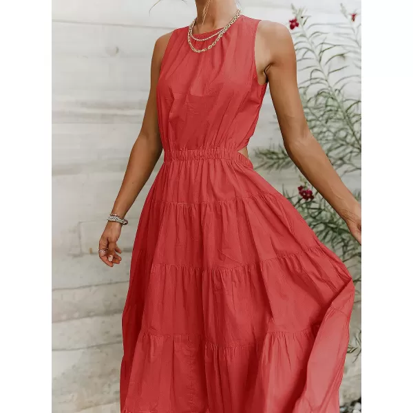 imageANRABESS Womens Summer Sleeveless Cutout Maxi Dress Crewneck Tiered Flowy ALine Sundress with PocketsRed