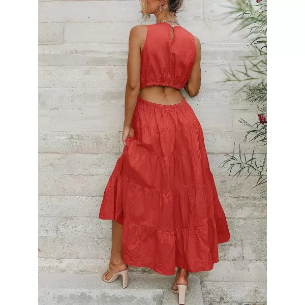 imageANRABESS Womens Summer Sleeveless Cutout Maxi Dress Crewneck Tiered Flowy ALine Sundress with PocketsRed