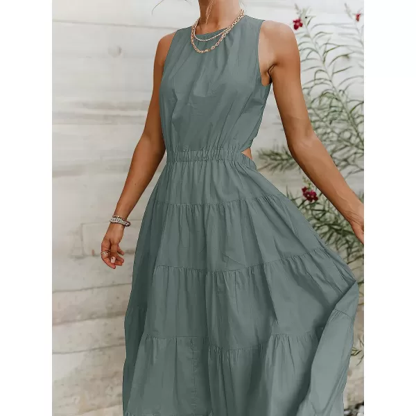 imageANRABESS Womens Summer Sleeveless Cutout Maxi Dress Crewneck Tiered Flowy ALine Sundress with PocketsTeal